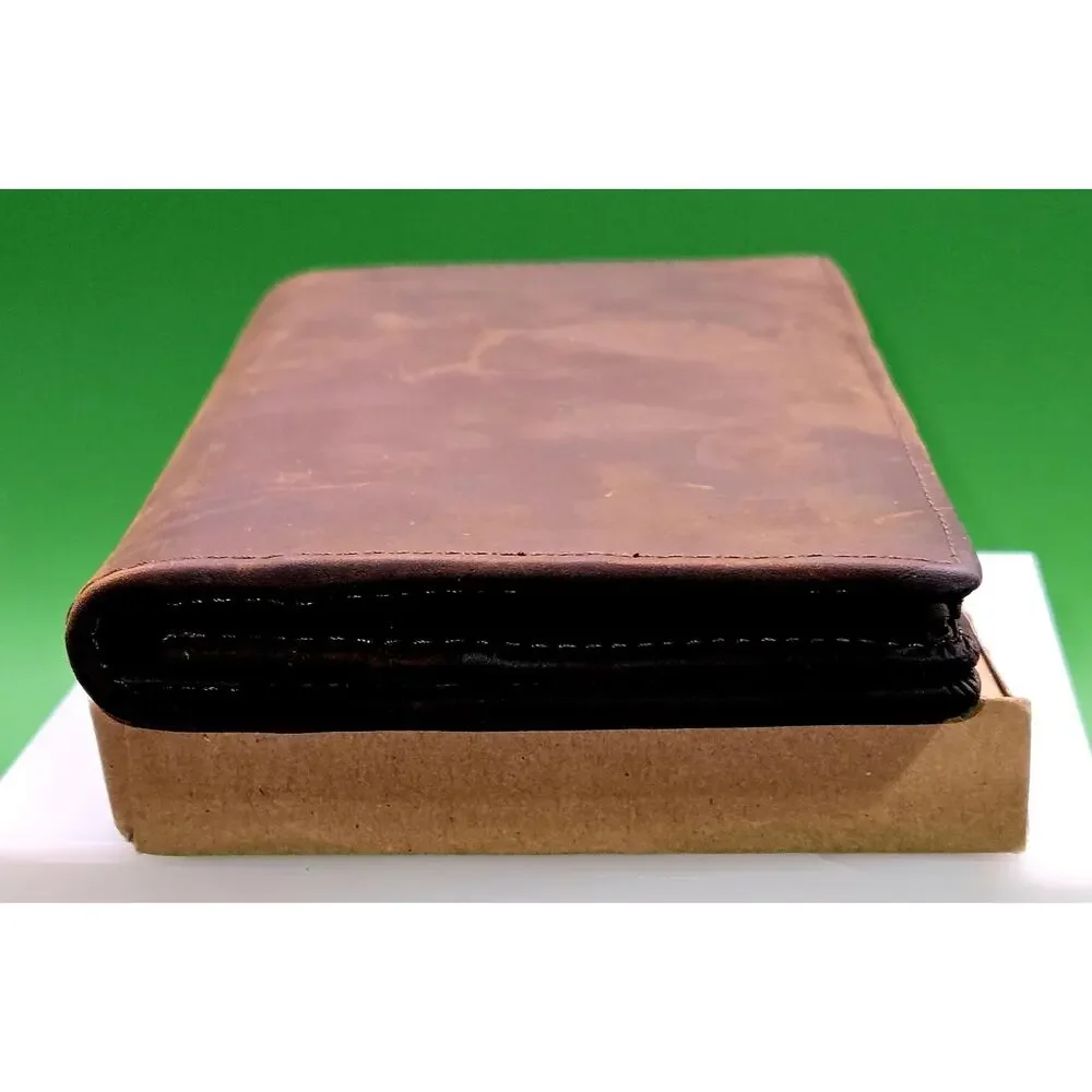 Vintage Brown Leather Long Wallet with Eagle Embossed Design RFID Bifold